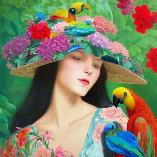 Prompt: a painting of a woman wearing a floral hat in a beautiful garden with parrots flying around, an ultrafine detailed painting by james jean, cgsociety, figurative art, ilya kuvshinov, detailed painting, rich color palette