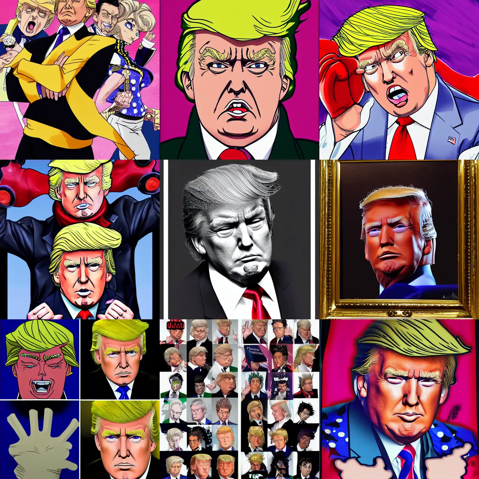 Image similar to portrait donald trump in the style of jojo's bizarre adventure anime highly detailed, by hirohiko araki, 8 k