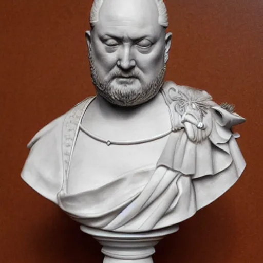 Prompt: beautiful lifelike award winning marble statue bust of henry viii trending on art station artgerm greg rutkowski alphonse mucha museum quality cinematic atmospheric