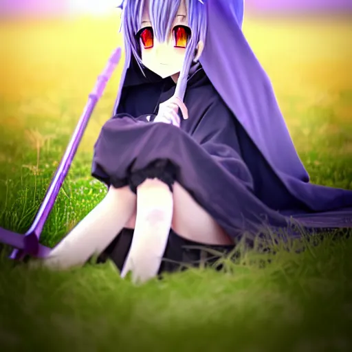 Prompt: A cute young real life 3D anime girl with long blueish lavender hair, wearing a grim reaper hood with shorts, bloody scythe sat next to her foot, sitting on one knee in a large grassy green field, shining golden hour, she has detailed black and purple anime eyes, extremely detailed cute anime girl face, she is happy, childlike, little kid, black anime pupils in her eyes, Haruhi Suzumiya, Umineko, Lucky Star, K-On, Kyoto Animation, she is smiling and happy, tons of details, sitting on one knee on the grass, chibi style, extremely cute, she is smiling and excited, her tiny hands are on her thighs, she has a cute expressive face