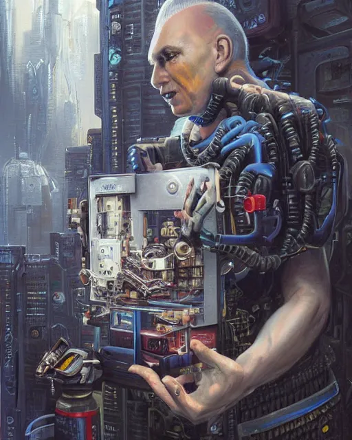 Image similar to a painting of a man holding a machine in his hands, cyberpunk art by jason edmiston and by michael komarck and by jarosław jasnikowski, cgsociety, neoplasticism, lovecraftian, future tech, circuitry