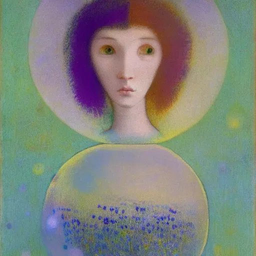 Prompt: a girl with three eyes on 5 translucent luminous spheres, full of floral and berry fillings, in an ocean of lavender color by odilon redon