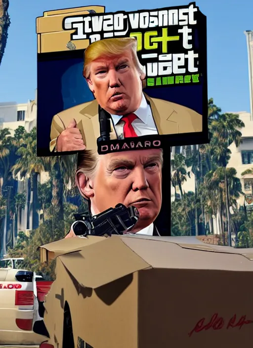 Image similar to gta 5 game poster showing donald trump with cardboard box outside mar - a - lago, wide shot,