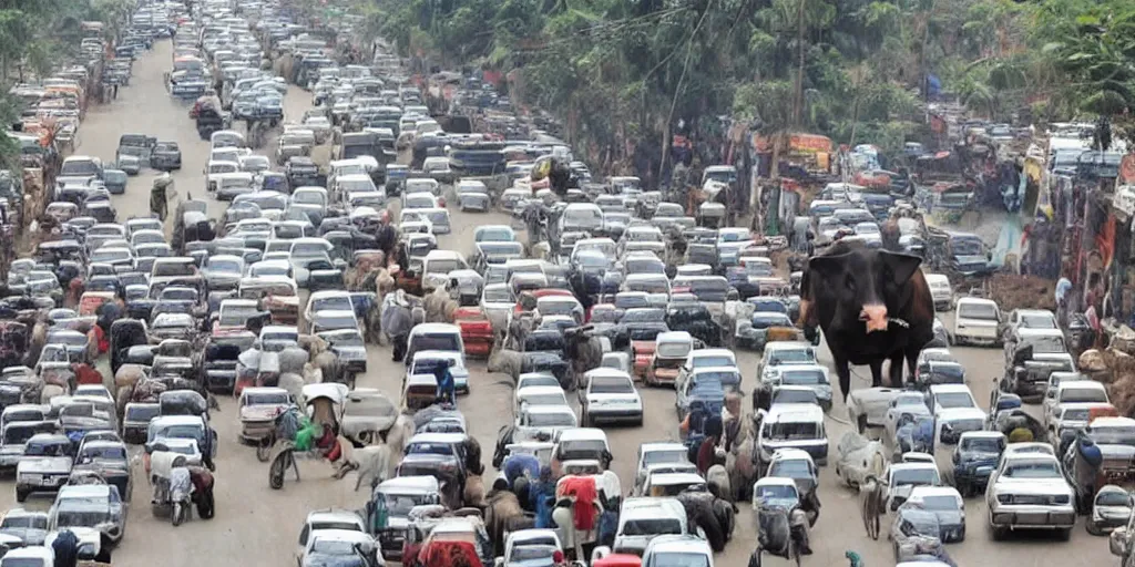 Prompt: car traffic in India caused by a cow in the middle of the road