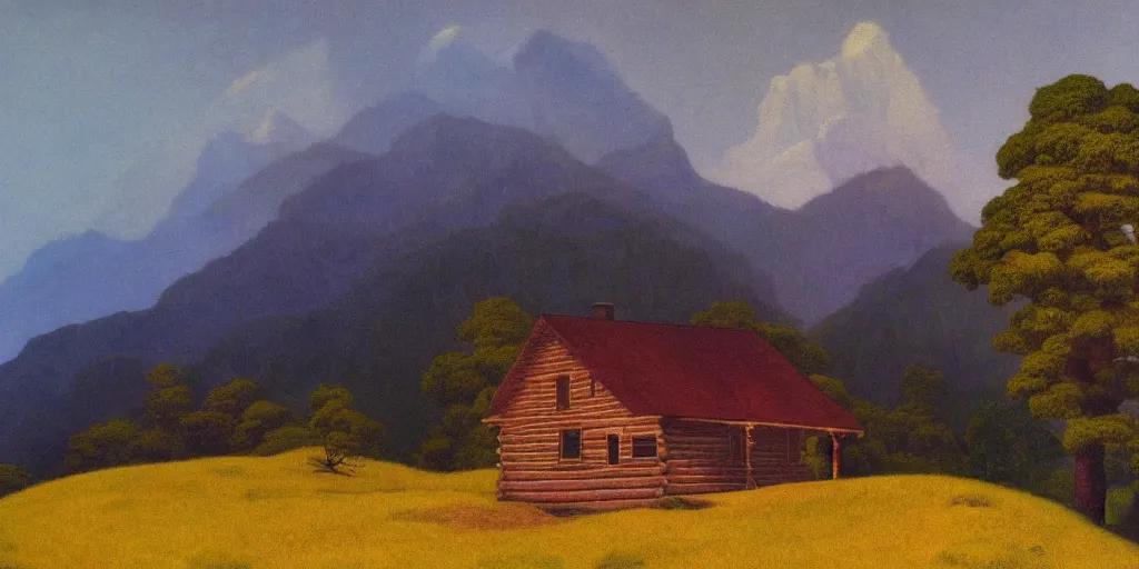 Prompt: a log cabin on a windy hillside, style of maxfield parrish, oil painting, high art,