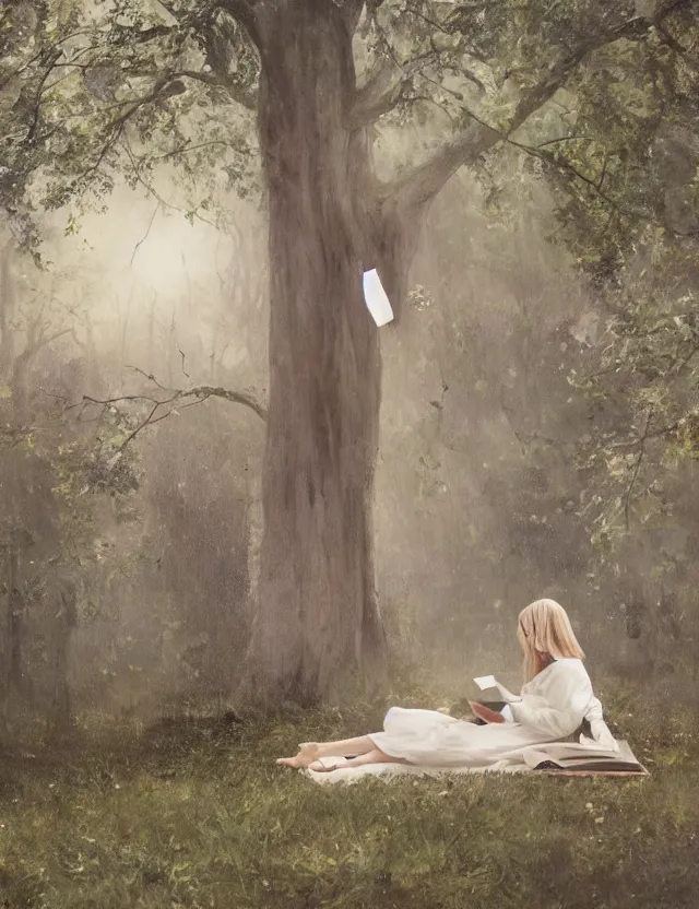 Image similar to Girl in white reading a book sitting on a tree in a foggy forest, Cinematic focus, Polaroid photo, vintage, neutral colors, soft lights, by Steve Hanks, by Serov Valentin, by lisa yuskavage, by Andrei Tarkovsky 8k render, detailed, oil on canvas