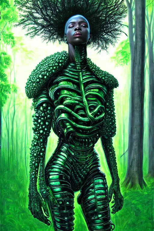 Image similar to hyperrealistic post - baroque super expressive! black woman with exoskeleton armor, merging with tree in a forest, highly detailed digital art masterpiece smooth cam de leon eric zener dramatic pearlescent blue green light ground angle hd 8 k sharp focus