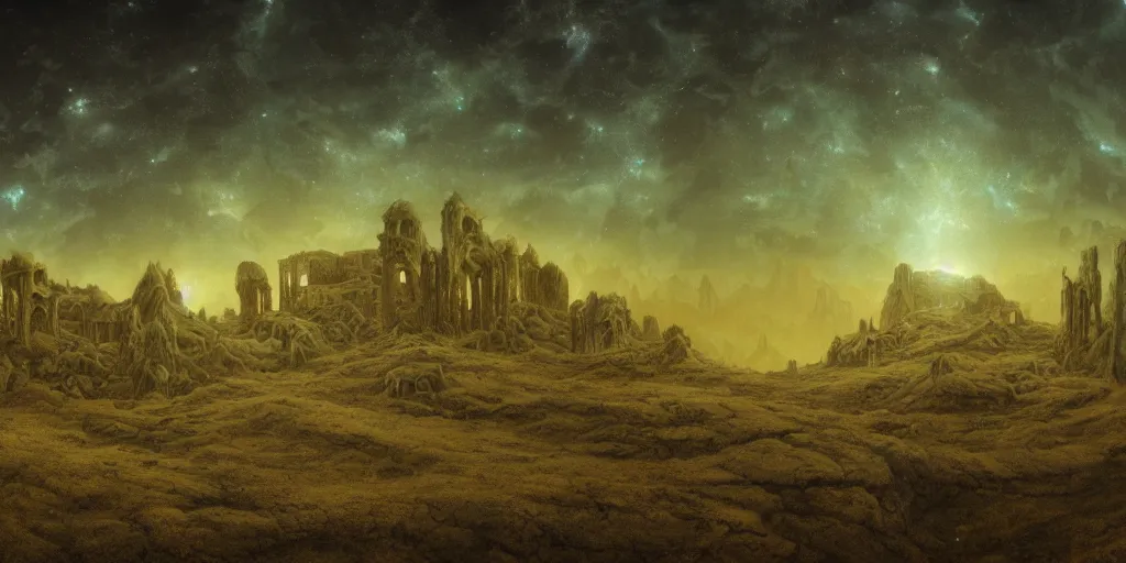 Prompt: epic landscape of ancient tombs of forgotten doom under haunting sky full of stars, uneasy landscape of barren exoplanet gliese, lakes of molten quicksilver among the ruins, inspired by beksinski, trending on artstation