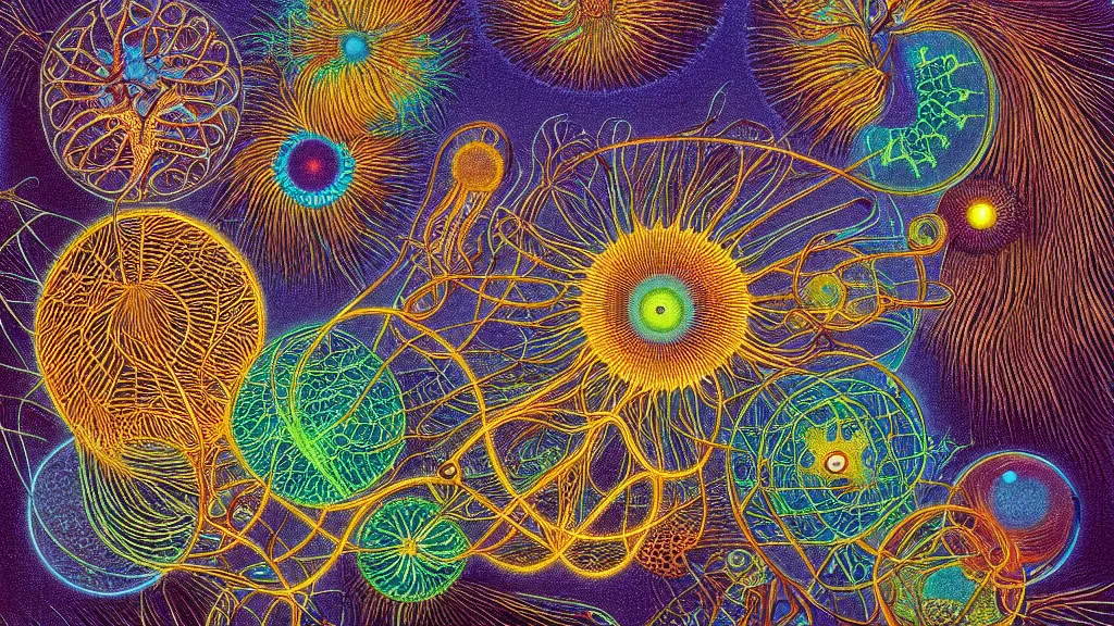 Image similar to quantum connections represented as symbiotic organisms like cells playing around with colorful lights by ernst haeckel, smooth, sharp, dark