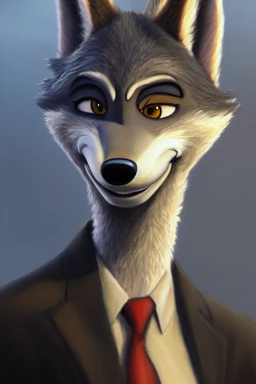 Image similar to oil painting of anthromorphic female wolf, in style of zootopia, female fursona, furry, furaffinity, 4 k, deviantart, furry art, fursona art, wearing black business suit, business suit, wolf fursona, female, very expressive detailed feminine face,