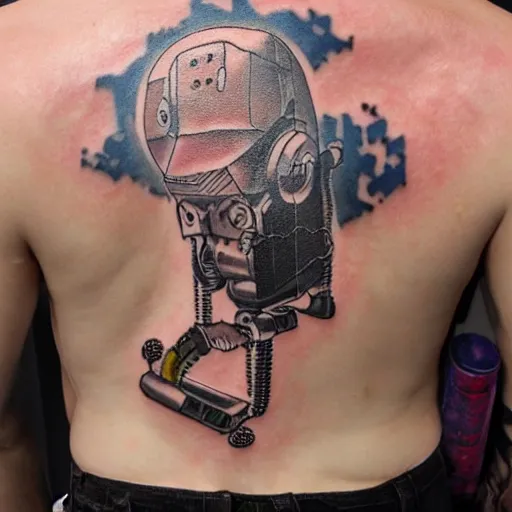 Image similar to backside on the shoulders is a tattoo of a hole in the skin with multicolored robotic mechanics and cables and a computer fan inside under the skin, insanely integrate, 3 d