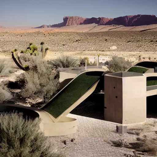 Image similar to brutalism hotel in the desert, biophilia mood, pool, garden, highly detailed, cinematic, photorealistic,
