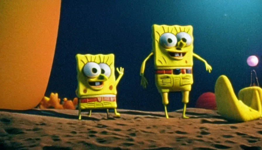 Image similar to 1 9 6 0 s movie still of spongebob, 2 0 0 1 a space odyssey, cinestill 8 0 0 t 3 5 mm, high quality, heavy grain, high detail, panoramic, cinematic composition, dramatic light, ultra wide lens, anamorphic, flares