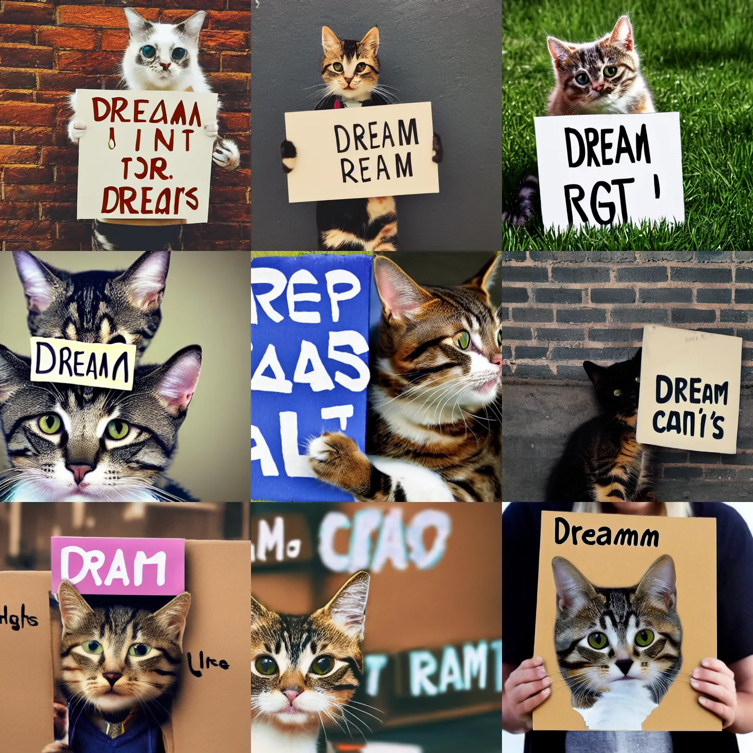 Image similar to realistic high quality photo of a cute cat holding a sign with text that reads : dream cats