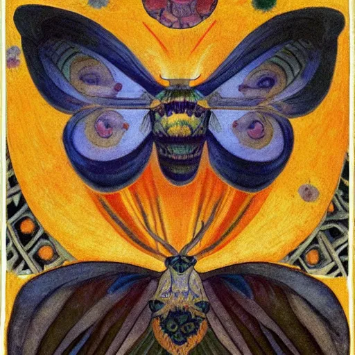 Prompt: the moth crown, by Annie Swynnerton and Nicholas Roerich and Diego Rivera, bioluminescent skin, floral tattoos, wings made out of flowers, elaborate costume, geometric ornament, symbolist, smooth, sharp focus, extremely detailed