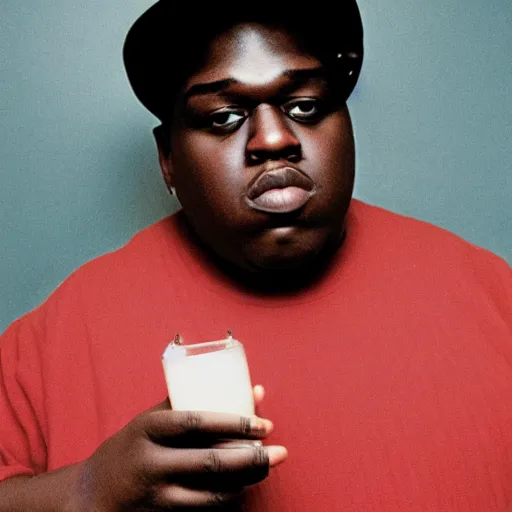 Prompt: photo of Biggie Smalls drinking a juicebox