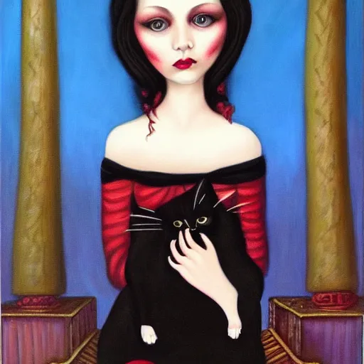 Image similar to a painting of a woman holding a cat, a character portrait by mark ryden, featured on deviantart, gothic art, tarot!!!!! card, deviantart, gothic