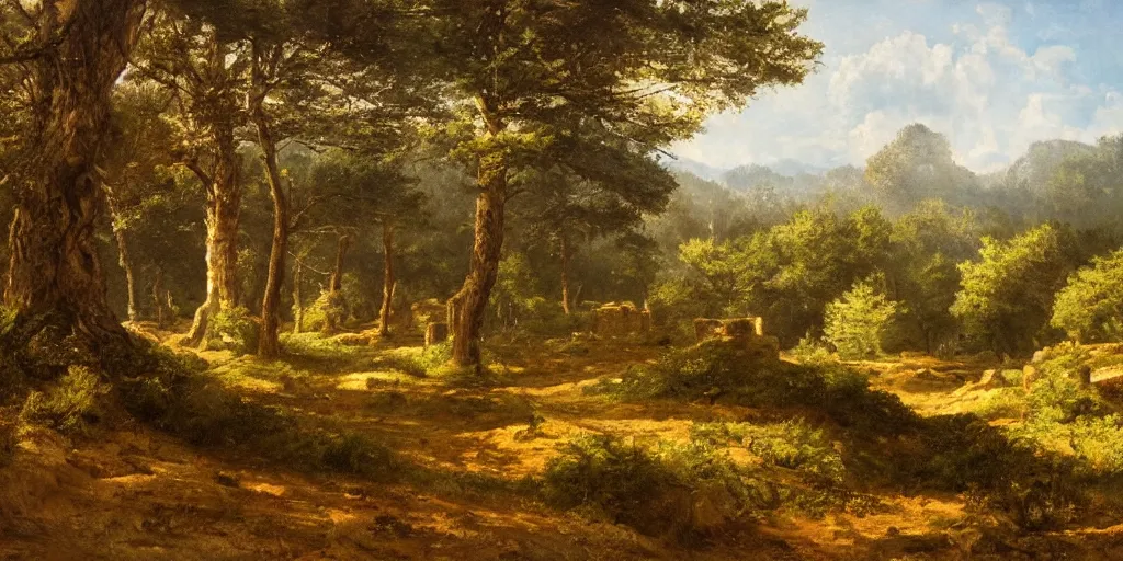 Image similar to landscape of a large fortress in a pine forest, well lit, detailed, cinematic lighting, oil painting