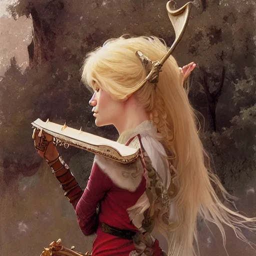 Image similar to elf fairy bard with a lute, art supplies in bag, wearing a cardigan, blonde, highly detailed, intricate, digital painting, artstation, sharp focus, illustration, art by jakub rozalski, greg rutkowski, artgerm, tan zi and ayanamikodon and alphonse mucha and wlop