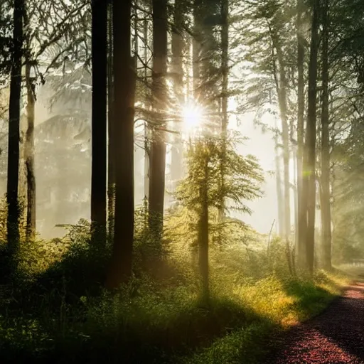 Image similar to big commercial bus with very creative livery in misty forest scene, the sun shining through the trees