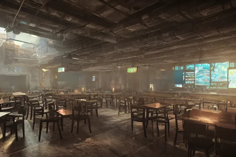 Image similar to ultra mega super hyper realistic Digital concept interior design of cyberpunk tavern with stone walls and neon lights many details by Hiromasa Ogura. Natural white sunlight from the transperient roof. Rendered in VRAY and DaVinci Resolve and MAXWELL and LUMION 3D, Volumetric natural light
