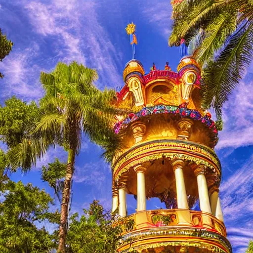 Prompt: a blue castle tower with a golden and red rococo dome stands in front of a multicolored glowing magical forest with tall trees and palm trees, sunny day, small fluffy clouds, parrots fly around the tower, beautiful landscape, very detailed