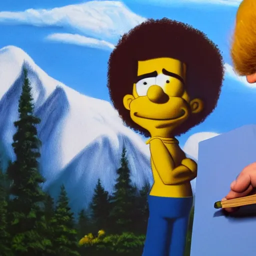 Prompt: a closeup photorealistic photograph of bob ross working on a canvas painting of bart simpson. film still. brightly lit scene. mountains and trees. this 4 k hd image is trending on artstation, featured on behance, well - rendered, extra crisp, features intricate detail, epic composition and the style of unreal engine.