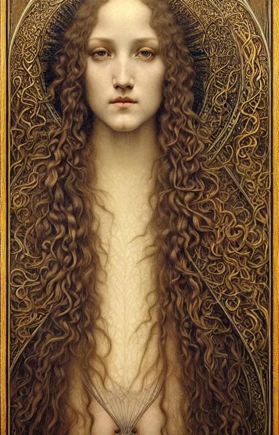 Image similar to detailed realistic beautiful young medieval queen face portrait by jean delville, gustave dore and marco mazzoni, art nouveau, symbolist, visionary, gothic, pre - raphaelite. horizontal symmetry