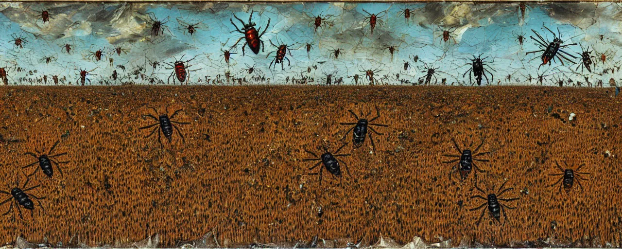 Prompt: strange giant insects, beetles and flies, swarming in a cornfield, oil painting by max ernst and anselm kiefer, decay, mixed media, textured, sharp focus, highly detailed, photographic emulsion cracked and peeling, rust, cinematic lighting, 8 k, hd