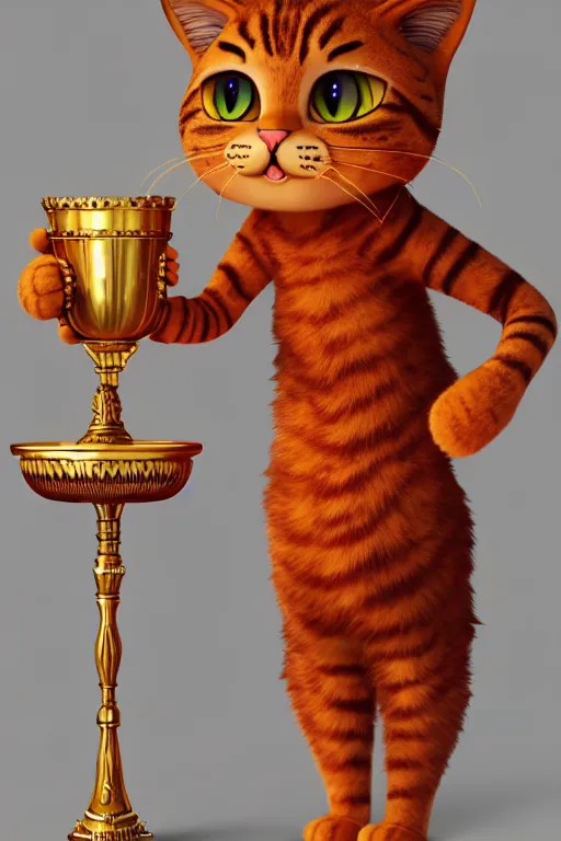 Image similar to fullbody!! personification of garfield the cat garfield goddess holding a blood chalice, stunning, garfield cat face, hyperrealistic, trending on artstation, smooth and sharp, intricate, highly detailed, elegant, professional character concept art by tatyana kupriyanova