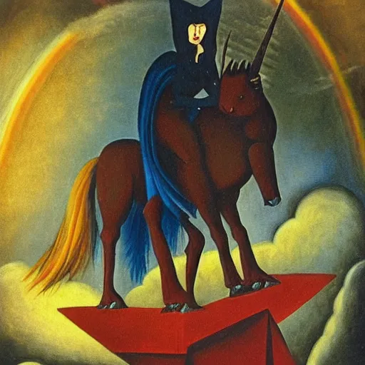 Prompt: remedios varo painting of a vampire demon riding a big fat unicorn over a rainbow