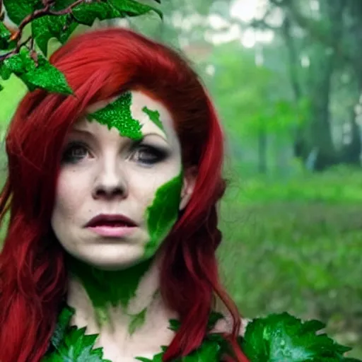 Image similar to elizabeth kucinich as poison ivy, cinematic still shot,