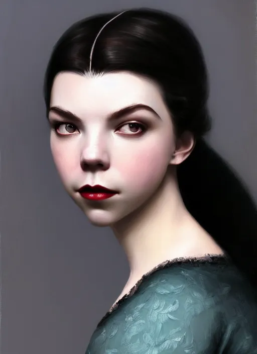 Image similar to a portrait of an elegant beautiful dark bohemian vampire woman, smooth face, glamour shot, (Anya Taylor-Joy), bored, illustration, dramatic lighting, soft details, painting oil on canvas, art nouveau, octane render, HDR, 4k, 8k, HD, by Edmund Blair Leighton, Brom, Charlie Bowater, trending on artstation,