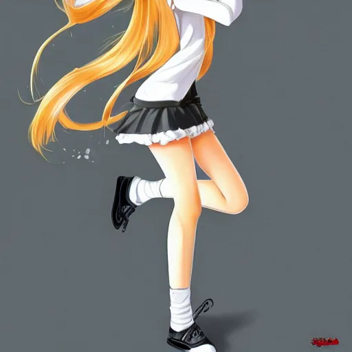 Image similar to advanced digital anime art, a seductive female teen with red eyes and blonde hair that is to waist length wearing a dark grey school outfit slipping on a banana peel . drawn by Shikamimi, WLOP,rossdraws