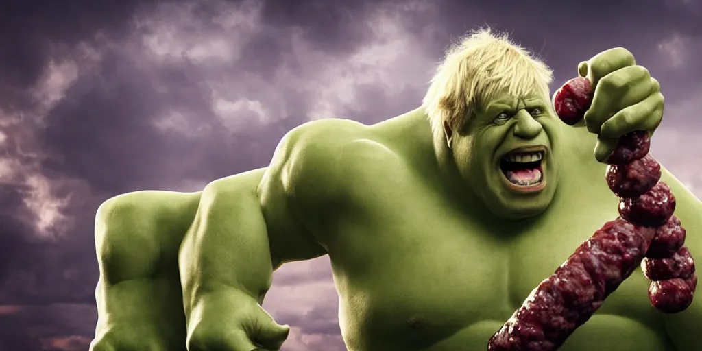 Prompt: boris johnson as the hulk eating a big sausage, focused shot, realistic, octane render