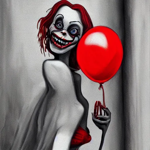 Image similar to grunge cartoon painting of margot robbie with a wide smile and a red balloon by chris leib, loony toons style, pennywise style, corpse bride style, horror theme, detailed, elegant, intricate