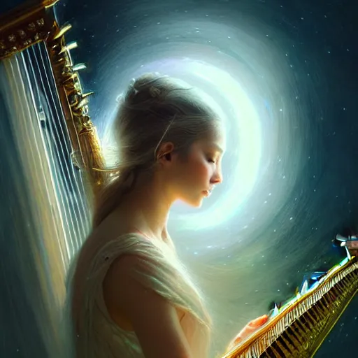 Image similar to a high quality realistic portrait of a very very beautiful! celestial interdimensional goddess playing a mystical harp and springing life into the universe, highly detailed, intricate, sharp focus, fantasy, mystical, dreamlike, cinematic lighting by WLOP and greg rutkowski