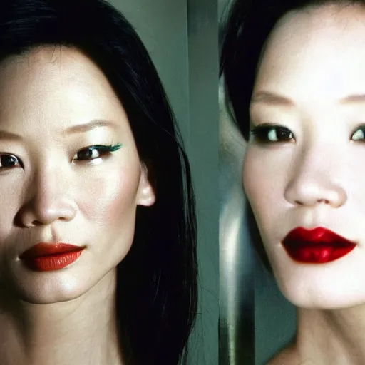 Prompt: photo of young Lucy Liu, close up, with a cyberpunk bionic right eye with led lights, robotic implants over face with small led lights, white background, fine art photography in the style of Bill Henson