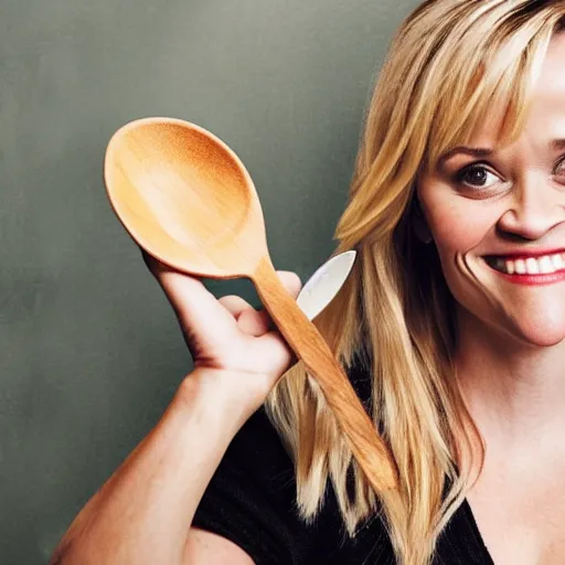 Image similar to reese witherspoon, holding a spoon, wooden spoon, cutlery, photography, smiling, portrait, soft focus