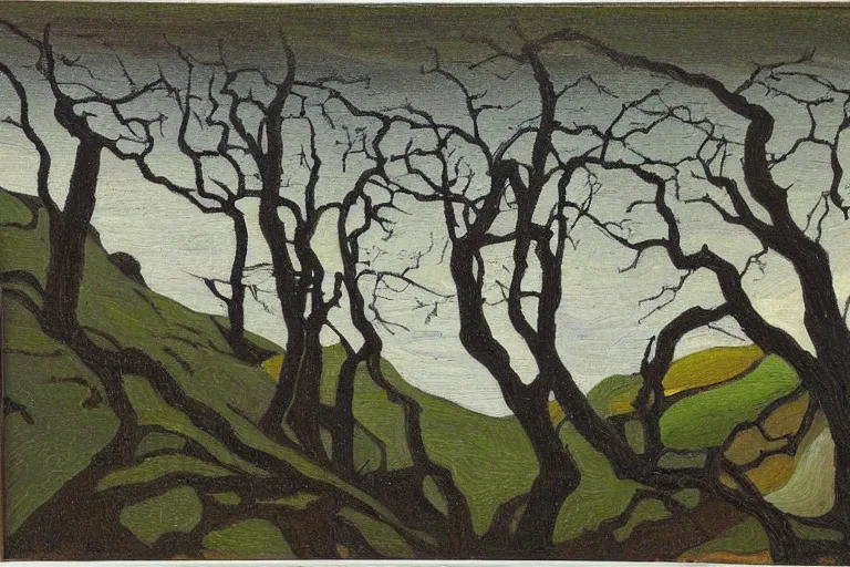 Prompt: masterpiece painting of oak trees on a hillside overlooking a creek, dramatic lighting, by lawren harris