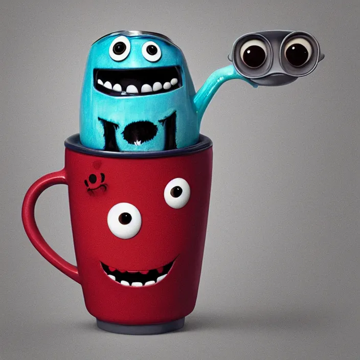 Prompt: cute coffee cup monster with googly eyes, pixar illustration, dreamworks, by sam nassour