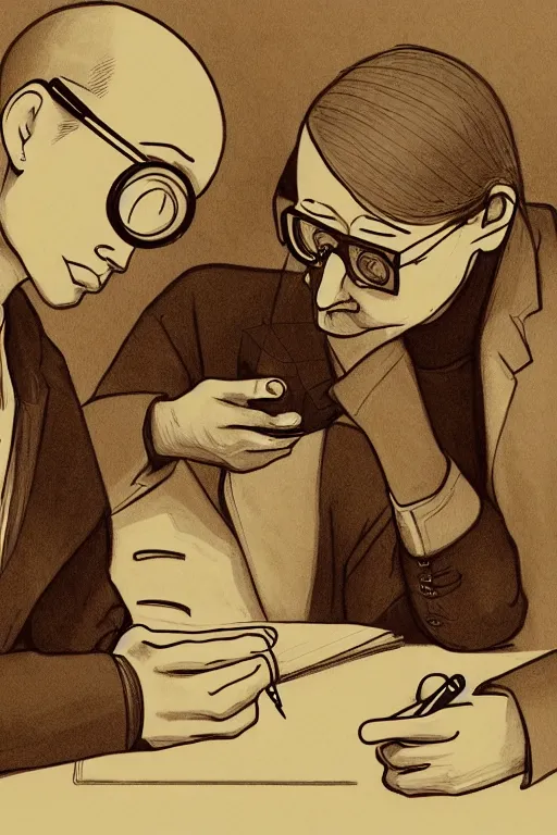 Image similar to portrait of two wise and very beautiful scientists reviewing some texts, intricate, elegant, highly detailed, smooth, sharp focus, artstation