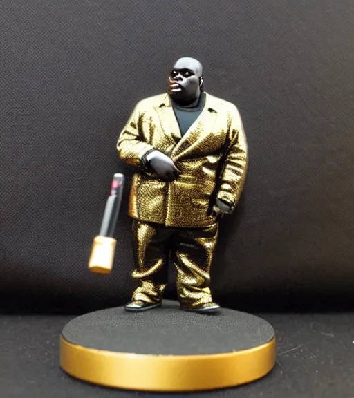 Prompt: notorious big with an elegant black suit, gold crown, microphone, resin miniature, 2 8 mm heroic scale, games workshop, deity, citadel colour, glowing eyes, osl, nmm, r / paintedminis