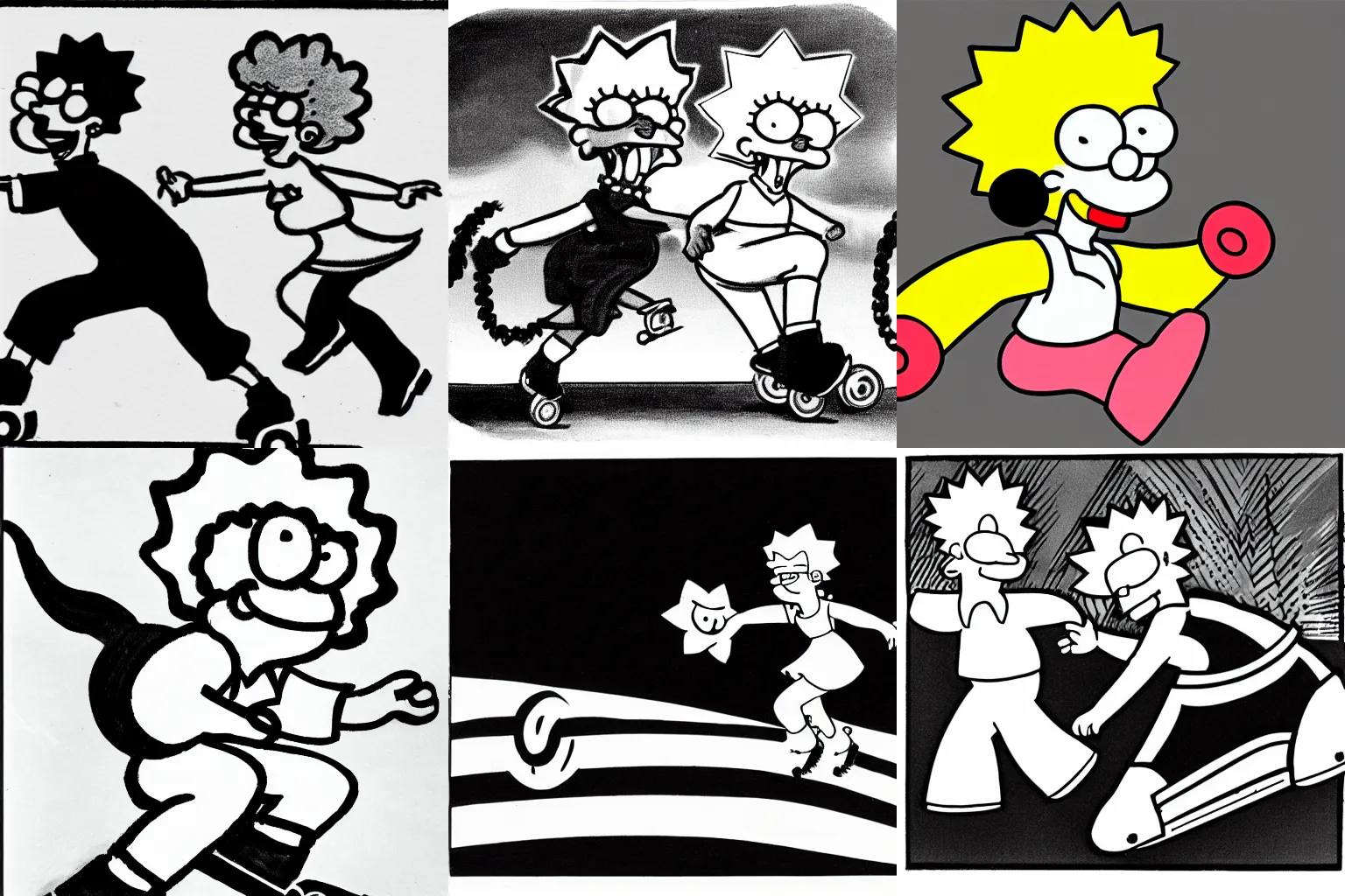 Prompt: black and white caricature drawing of Lisa Simpson on roller skates, chasing a boy