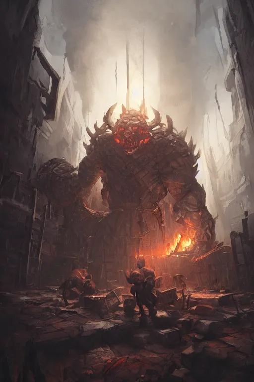 Image similar to muscular blacksmith men working inside an evil demonic forge making weapons. Hyperdetailed masterpiece concept art by Greg Rutkowski and Ross Tran. high quality DnD illustration, trending on ArtStation