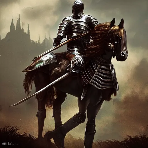 Prompt: Medieval knight riding on an armored horse, looking at the camera, digital art, realistic, detailed, artstation