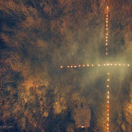 Image similar to shot from drone, real life, summoning, ritual, bright lights, witchcraft, by greg rutkowksi