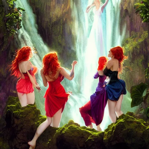 Image similar to an extremely detailed portrait of four polyamorous red haired vampire queens wearing bright multi colored dresses and dancing in a cave behind a waterfall, epic fantasy, viewed in profile from far away, sharp focus, detailed face, art by greg rutkowski and alphonse mucha, volumetric lighting, 4 k resolution, trending on artstation, masterpiece