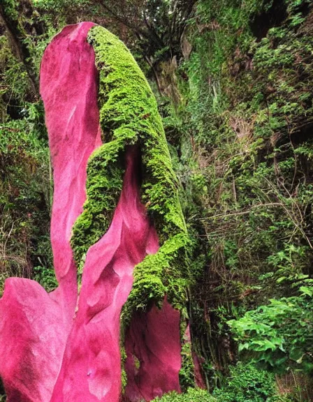 Prompt: vintage color photo of a giant 1 1 0 million years old abstract sculpture made of liquid pink and gold covered by the jungle vines