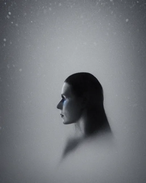 Image similar to a woman's face in profile, made of a snow capped Swiss mountain, in the style of the Dutch masters and Gregory Crewdson, dark and moody